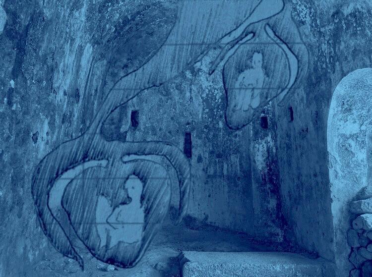 Blue-toned projection of drawn figures on a stone wall
