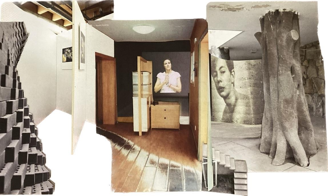 Mixed media collage combining architectural photographs and found imagery