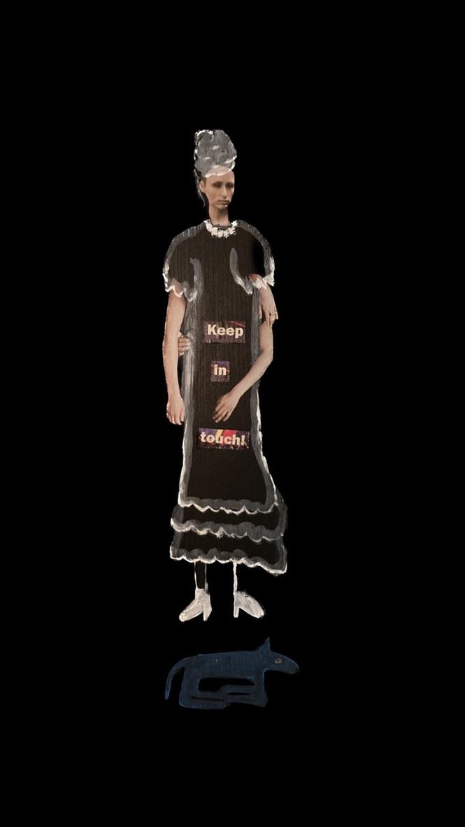 Mixed media figure of a woman in a dark dress with the words Keep in touch, set against a black background with a small blue animal